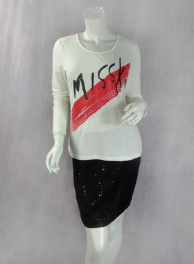 100元2件!MISSK绮*正品 女夏白色胸前有钉珠字母印花T恤MAA2T024