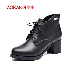 Aokang shoes before 2015 winter leisure laced boots warm leather rough with short tube with round head short boots