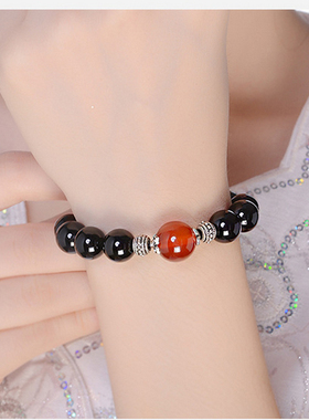 天然单圈彩虹眼黑曜石红玛瑙手串