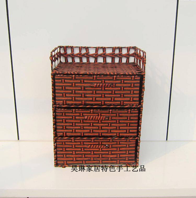 草编藤编铁架小三抽 储物柜家居杂物桌面收纳柜内衣首饰储物盒