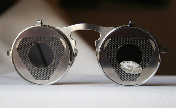 Goggles△代购  古着蒸汽朋克艺术表演装饰金属翻盖圆形太阳眼镜