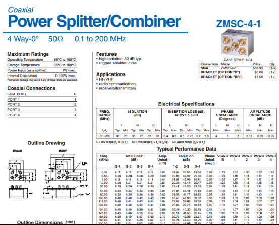 0.1-200MHz 射频同轴一分四功分器 代替 ZMSC-4-1 Mini-Circuits