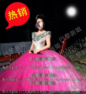 2025新款 闪钻流苏玫红色大蓬蓬裙歌唱独唱比赛音乐会演出礼服