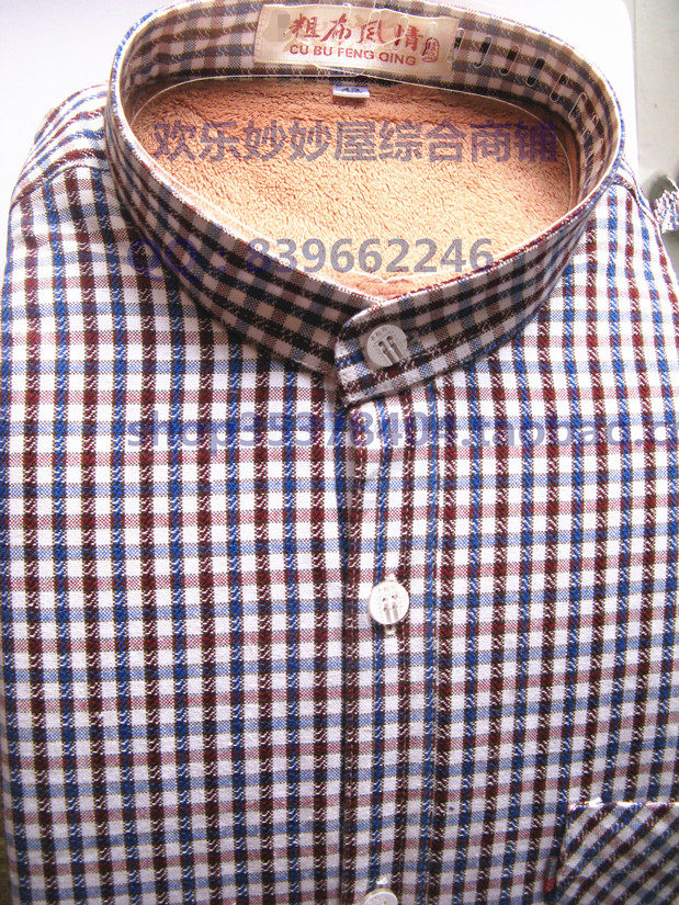 优质全棉手工老粗布 加绒加厚男士长袖格子立领衬衫土布男式衬衣