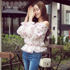 Strapless tops big pink doll 2015 fall horizontal neck sexy Lantern sleeve print women's long sleeve shirts