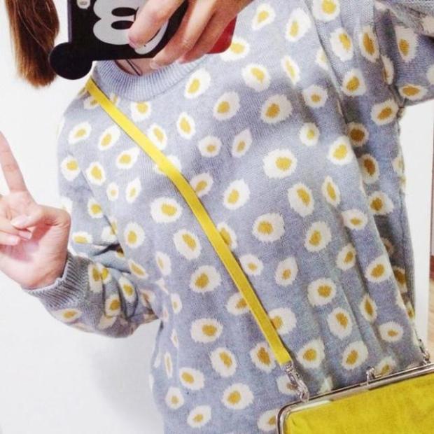 日系原单甜美森女圆领荷包蛋煎蛋提花长袖短款毛衣古着款套头毛衣