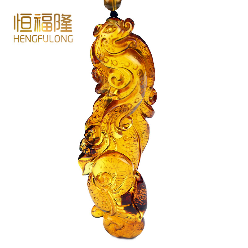 恒福隆波罗的海天然琥珀吊坠挂件金珀长瑞兽如意挂坠带原皮个性款