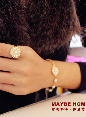 韩版欧美风金色珍珠百搭戒指项链