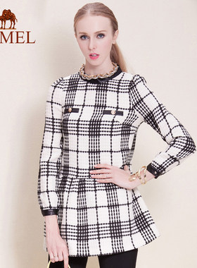 【非卖品】骆驼camel女装优雅黑白格子纹拼皮套头长袖连衣裙女
