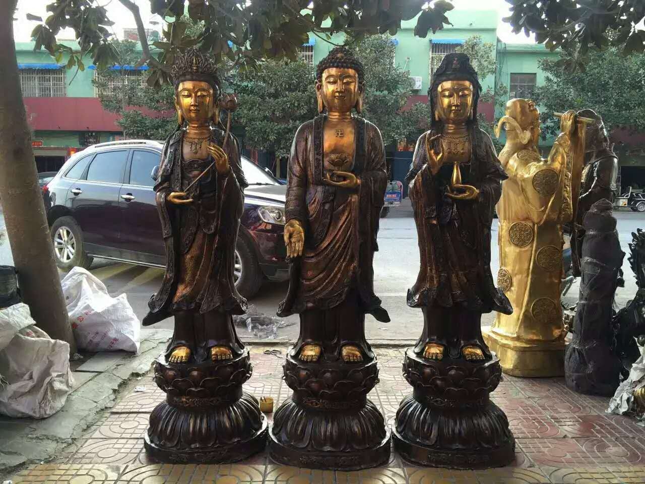 风水新款纯黄铜器西方三圣铜像大势至观音菩萨释迦牟尼佛具大号