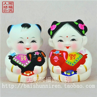 无锡泥人惠山泥人精品抱猪大阿福大师纯手工制作结婚生日出国礼品