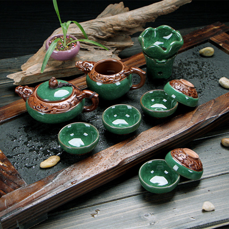陶瓷冰裂釉浮雕汝窑整套茶具特价