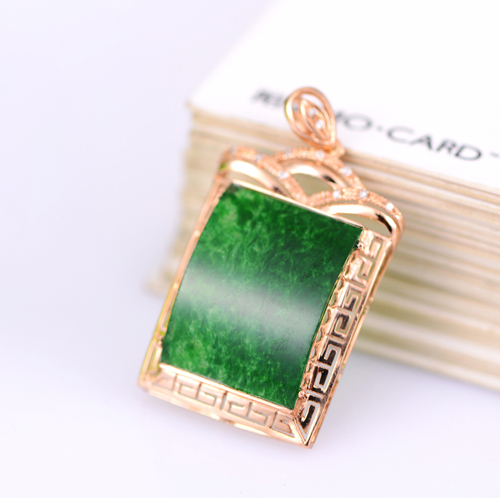 包邮天然翡翠A货满绿方牌18K玖瑰金镶玉镶钻吊坠白金挂坠女款玉坠