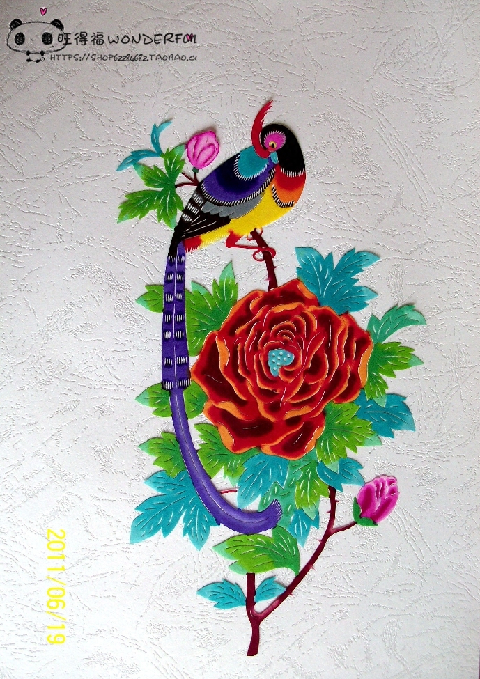 山花红百鸟鸣6 花鸟蔚县剪纸 手工刻 宣纸染色  27*16.5cm