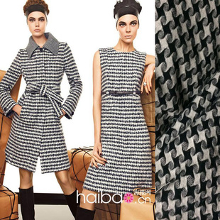精品CHA*EL气质黑白格子千鸟格时装羊毛毛料毛呢粗纺面料大衣裙子