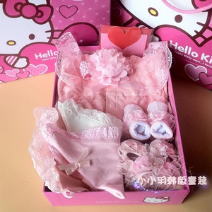 公主蕾丝哈衣女宝宝秋连体衣婴儿百天礼服百岁百日爬服满月礼盒装