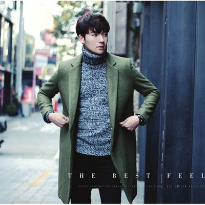 秋冬新款韩版男士外套军绿中长款羊绒大衣西装