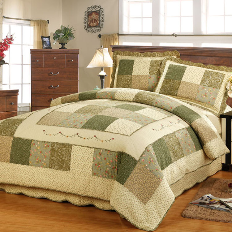 外贸原单刺绣毛毛虫边拼布纯棉高档水洗绗缝空调被床盖三件四件套