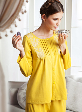 升派秋季新款长袖睡衣女式刺绣纯色圆领褶皱家居服套装休闲10601