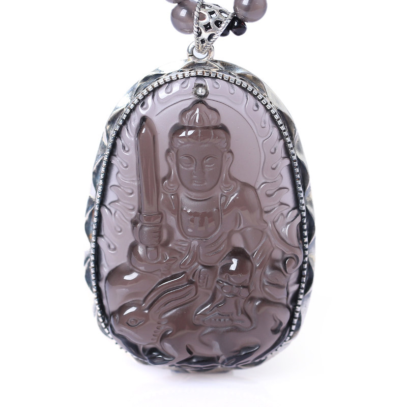 冰种黑曜石925银文殊菩萨吊坠