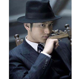 许文强上海滩帽子 男士中式结婚帽子 黑色羊毛礼帽大檐毛呢大边帽