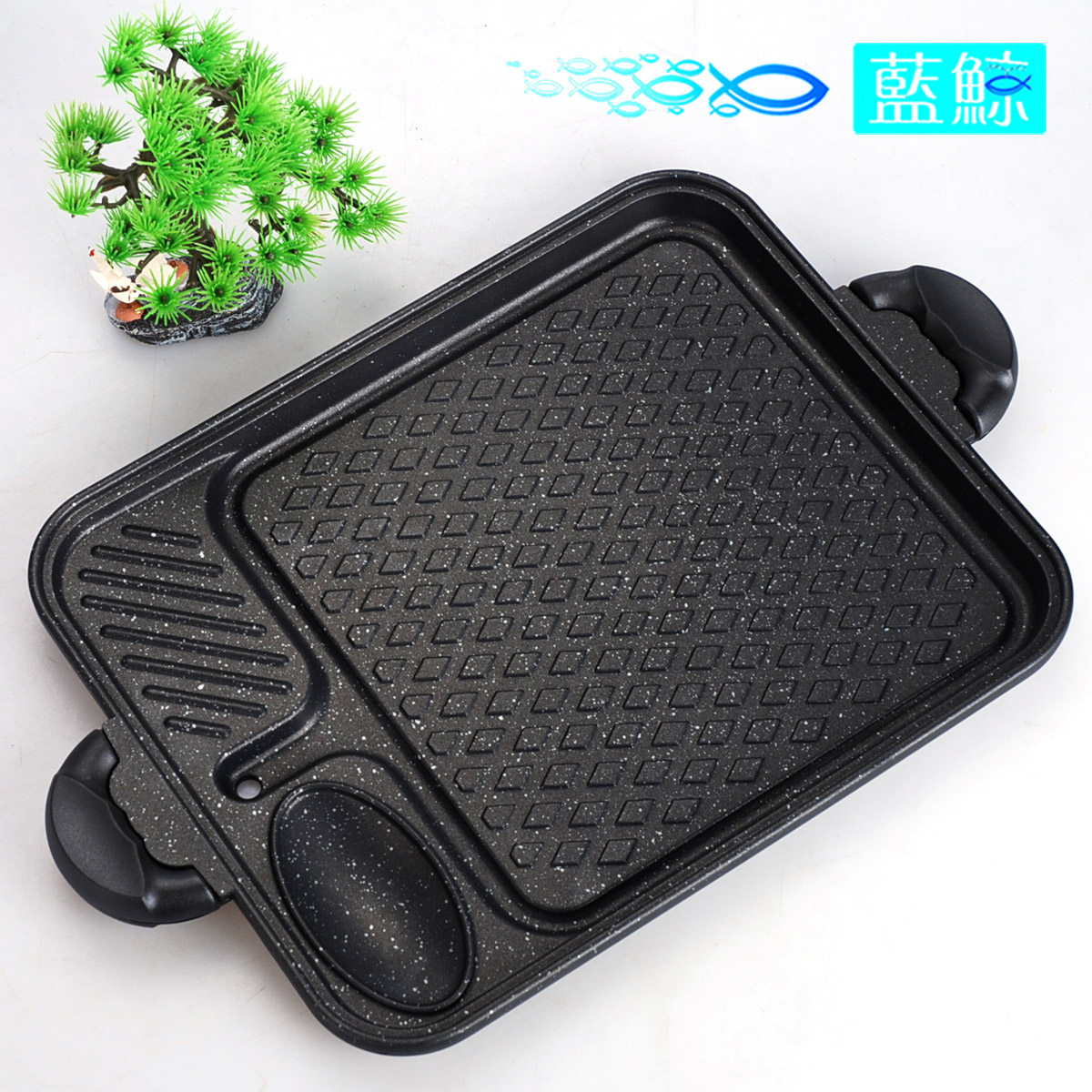 蓝鲸长方双耳防烫韩式不粘铝合金烤盘电磁炉烤肉盘牛排烧烤盘漏油