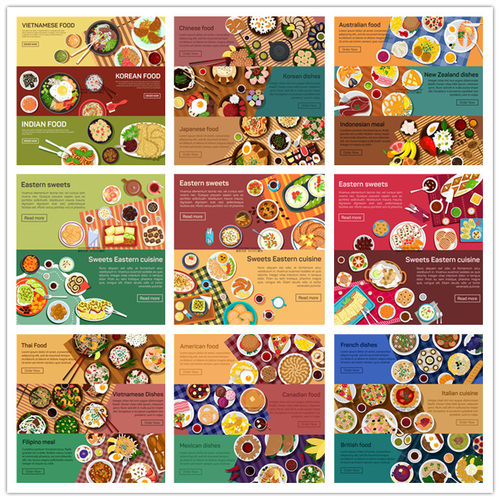 A2888矢量扁平化世界美食插画横幅图案 AI设计素材