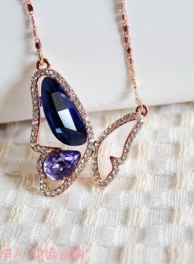 饰品玫瑰金镂空水晶蝴蝶短链