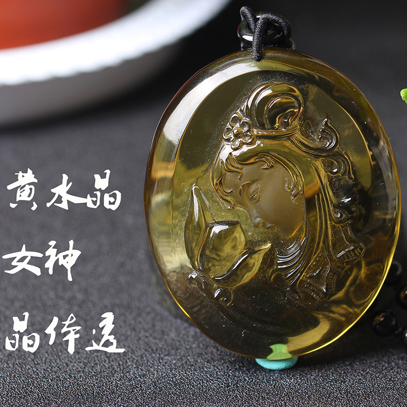 天然水晶 黄水晶女神白富美肖像 黄晶大款毛衣链圆牌流行项坠挂件