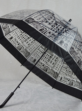 英伦风建筑自动拱形透明伞女生长柄伞创意复古晴雨伞包邮