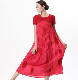 夏日系褶皱拼棉波点宽松大码 连衣裙淑女高贵气质礼服潮 长裙孕妇装