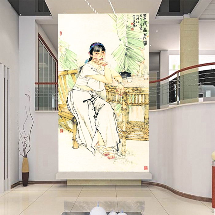 现代油画芭蕉树女子墙纸托腮思考壁纸壁画酒店客厅电视沙发背景