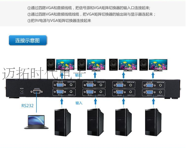 迈拓维矩 VGA矩阵切换器 MT-VT414 四进四出 机架式带音频