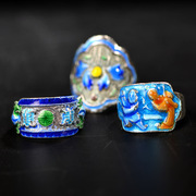 Thai Silver 925 enamel burning blue ring retro folk songs the old Qing dynasty silver rings vintage jewelry