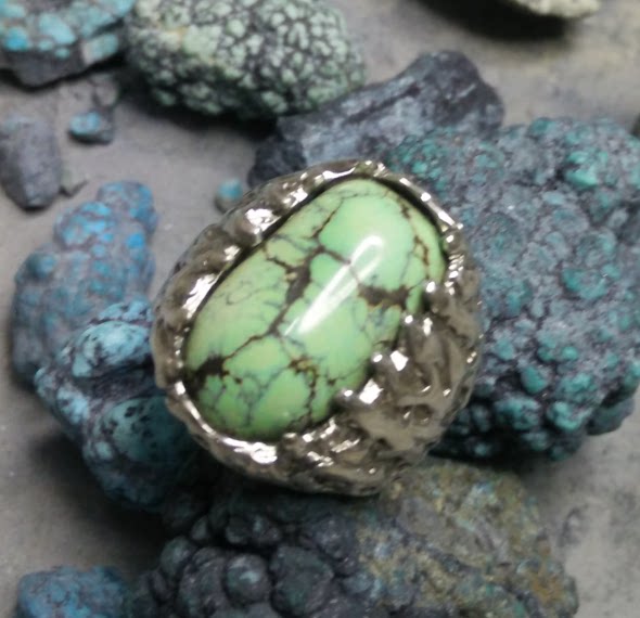 美国料 菜籽黄 原矿 绿松石 纯天然 无优化 高瓷 个性大戒指 藤蔓