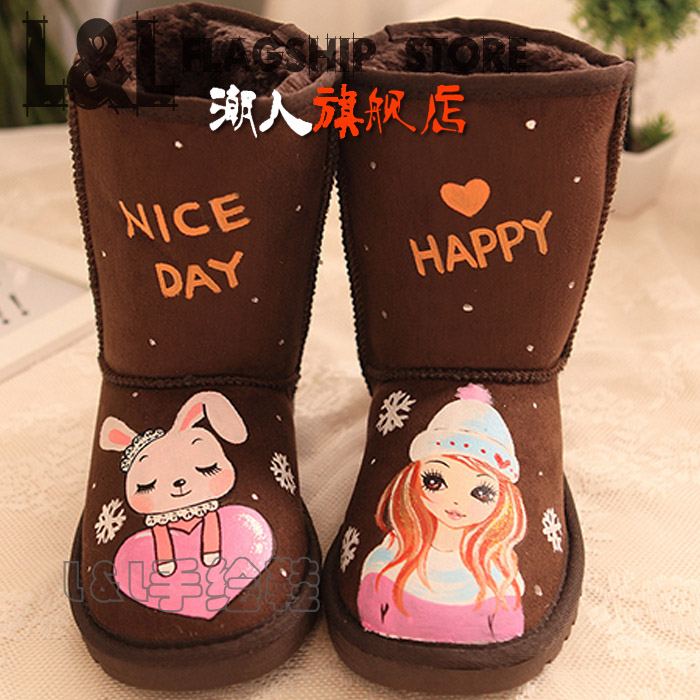 LL潮人工作室-新品手绘雪地靴涂鸦磨砂皮中筒彩绘靴思念手工定制