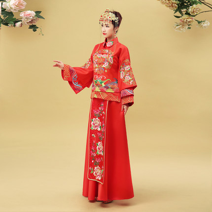 2015冬季新款复古改良长袖刺绣中式礼服结婚