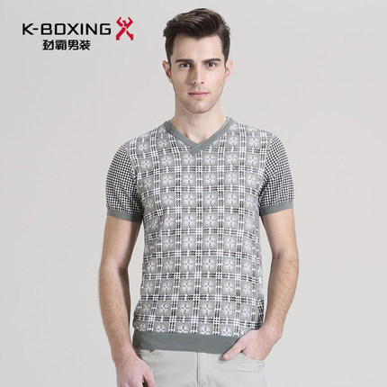 劲霸男士短袖t恤夏季中年几何格纹体恤衫针织衫男夏|BTTU2209