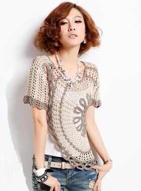 手工民族风欧美 韩版时尚个性潮女装 网衫针织衫修身镂空罩衫899#