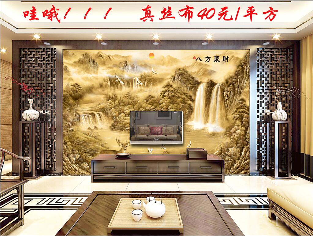 中式八方聚财聚宝盆金黄色浮雕5D4D真丝布立体壁画墙纸电视墙客厅