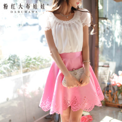 Women short sleeve white shirt pink large dolls 2015 summer new style blouses with lace chiffon blouse