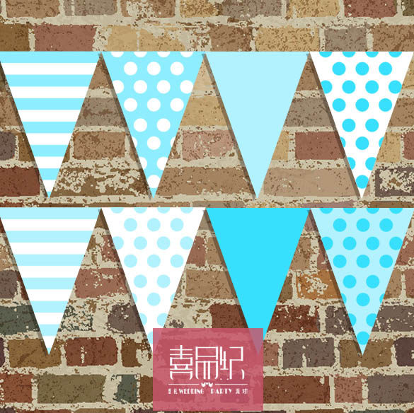 清新蓝色波点条纹 生日派对用品/生日会派对装饰布置/装饰三角旗