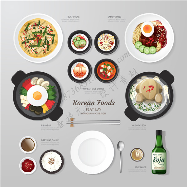 A1228矢量扁平化韩国菜泡菜火锅拉面鸡汤摆盘俯拍图 AI设计素材