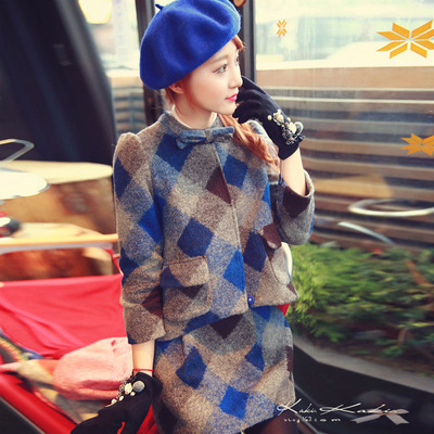 2015名媛小香风复古优雅格子连衣裙短裙毛呢