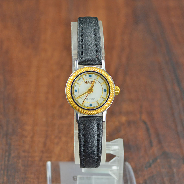 上海三厂haida牌间金皮带时尚小巧上发条手动机械女表