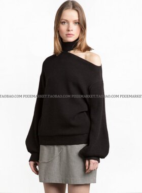 pixiemarket欧美风春夏新款 时尚性感灯笼袖不对称露肩纯色毛衣女