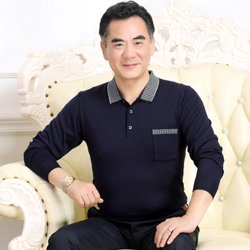春夏季薄款翻领t桖全棉中年男士长袖t恤衫 中老年男装爸爸装体恤