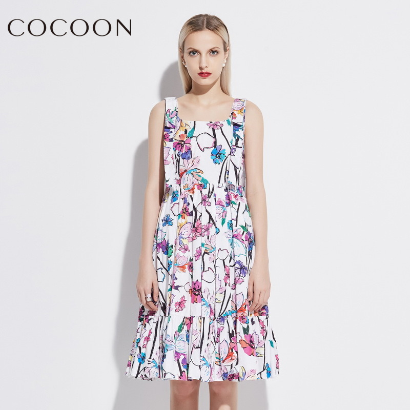 COCOON可可尼夏裝新品女裝無袖印花修身連衣裙26203A020031F