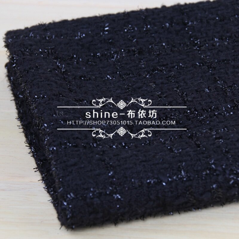 黑色藏青白亮丝格子粗花呢粗纺面料小香风alu连衣裙定制服装布料