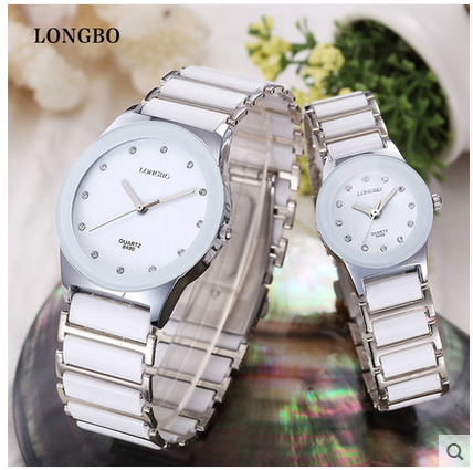 龙波longbo石英女表时尚潮流 陶瓷镶钻手表方形表盘防水潮男手表